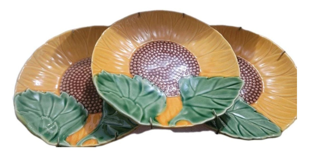 Vintage Bordallo Pinheiro 8" Majolica Sunflower Plates Set 3 Salad Dessert