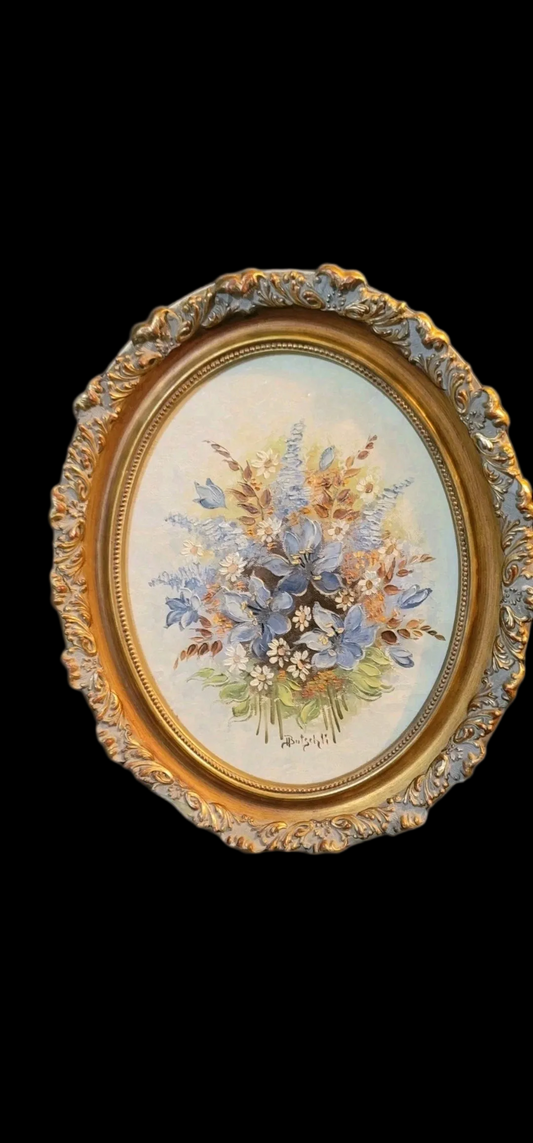 Vintage floral oil painting, Gold Oval Frame Irene Butschli 20th Century Artist