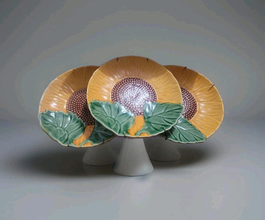 Vintage Bordallo Pinheiro 8" Majolica Sunflower Plates Set 3 Salad Dessert