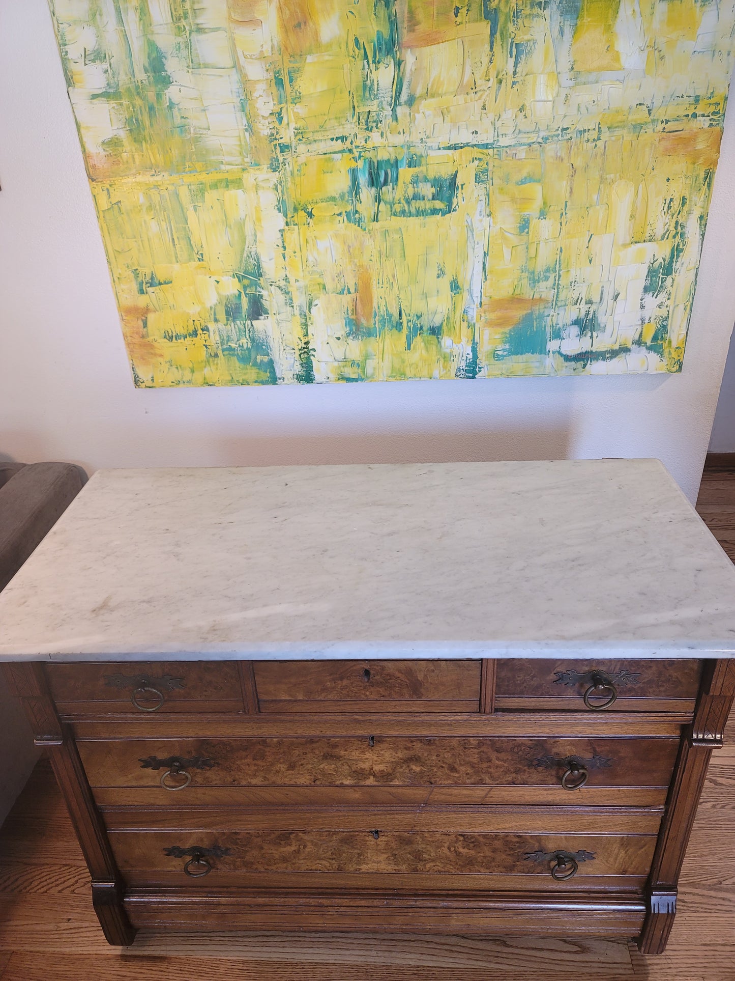 Antique Italian Marble Top Burled Wood Sideboard Commode
