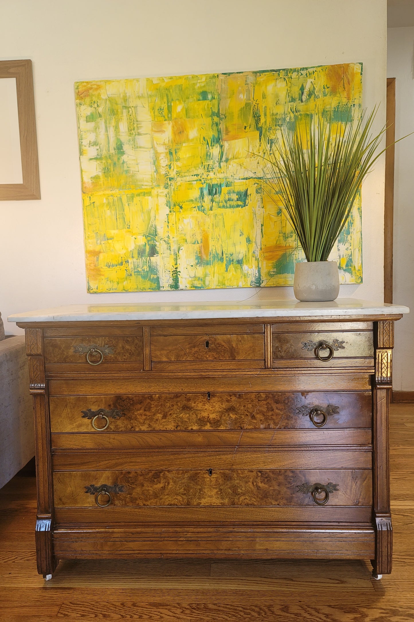 Antique Italian Marble Top Burled Wood Sideboard Commode