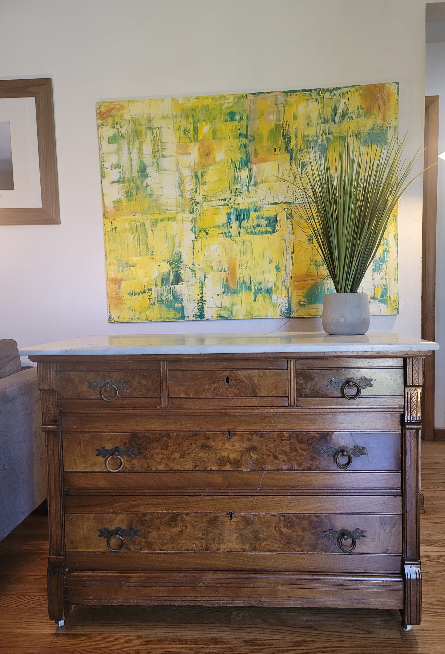 Antique Italian Marble Top Burled Wood Sideboard Commode