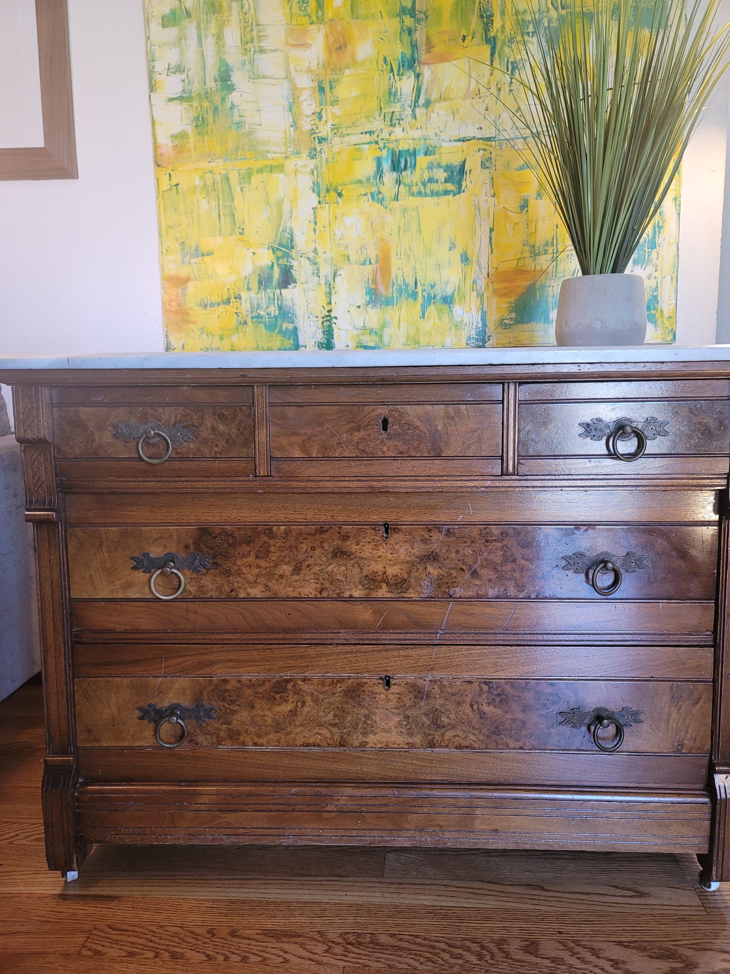 Antique Italian Marble Top Burled Wood Sideboard Commode