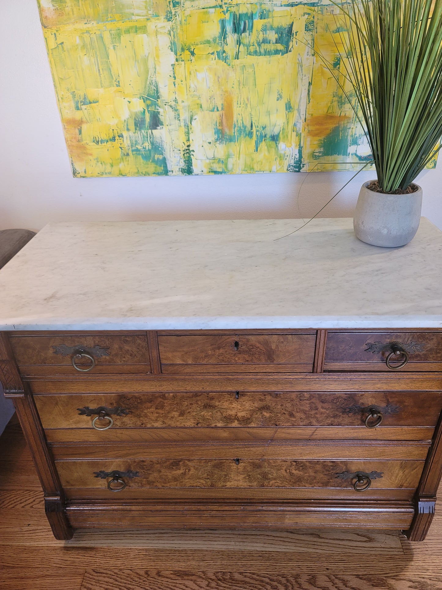 Antique Italian Marble Top Burled Wood Sideboard Commode