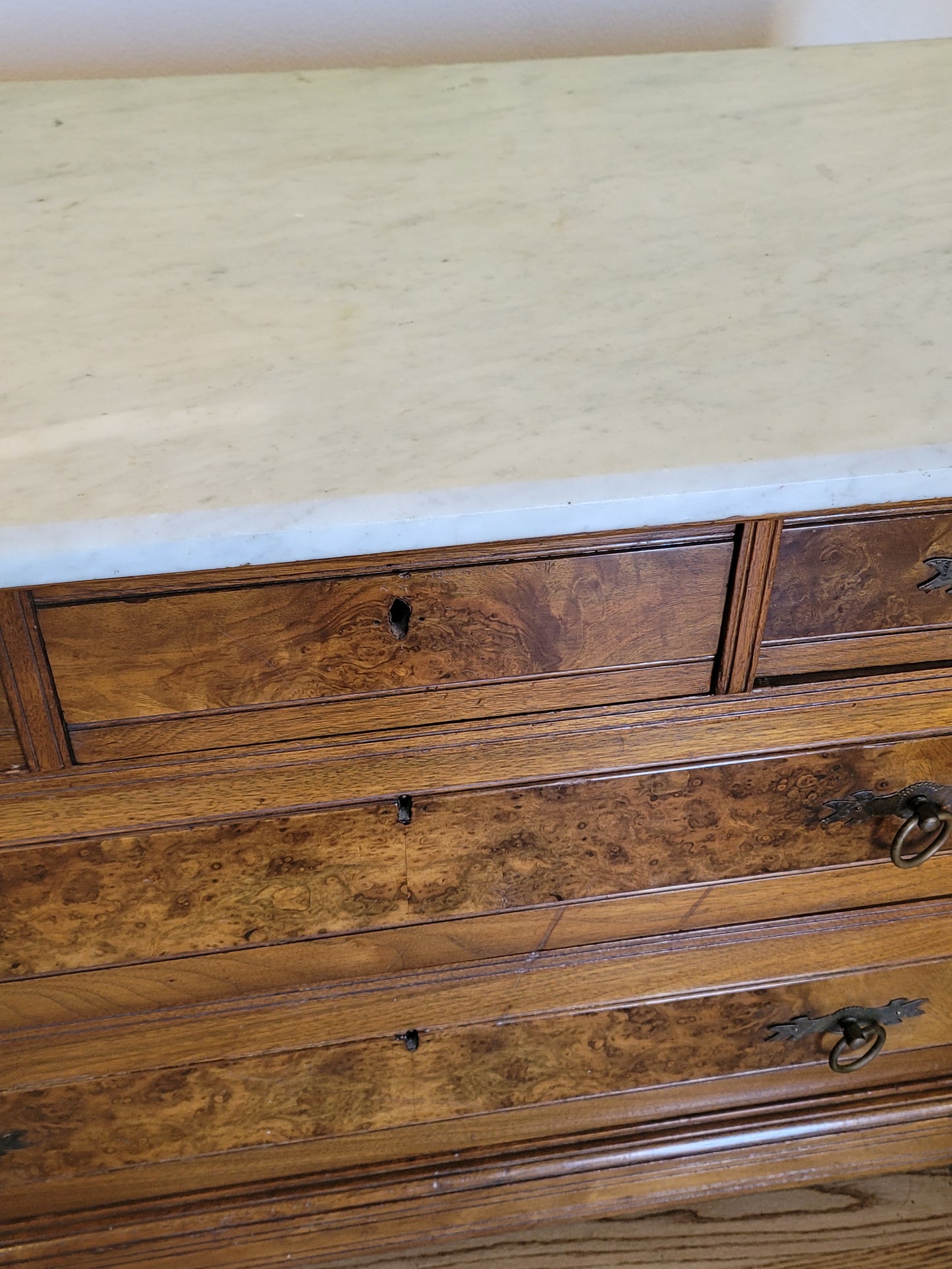 Antique Italian Marble Top Burled Wood Sideboard Commode