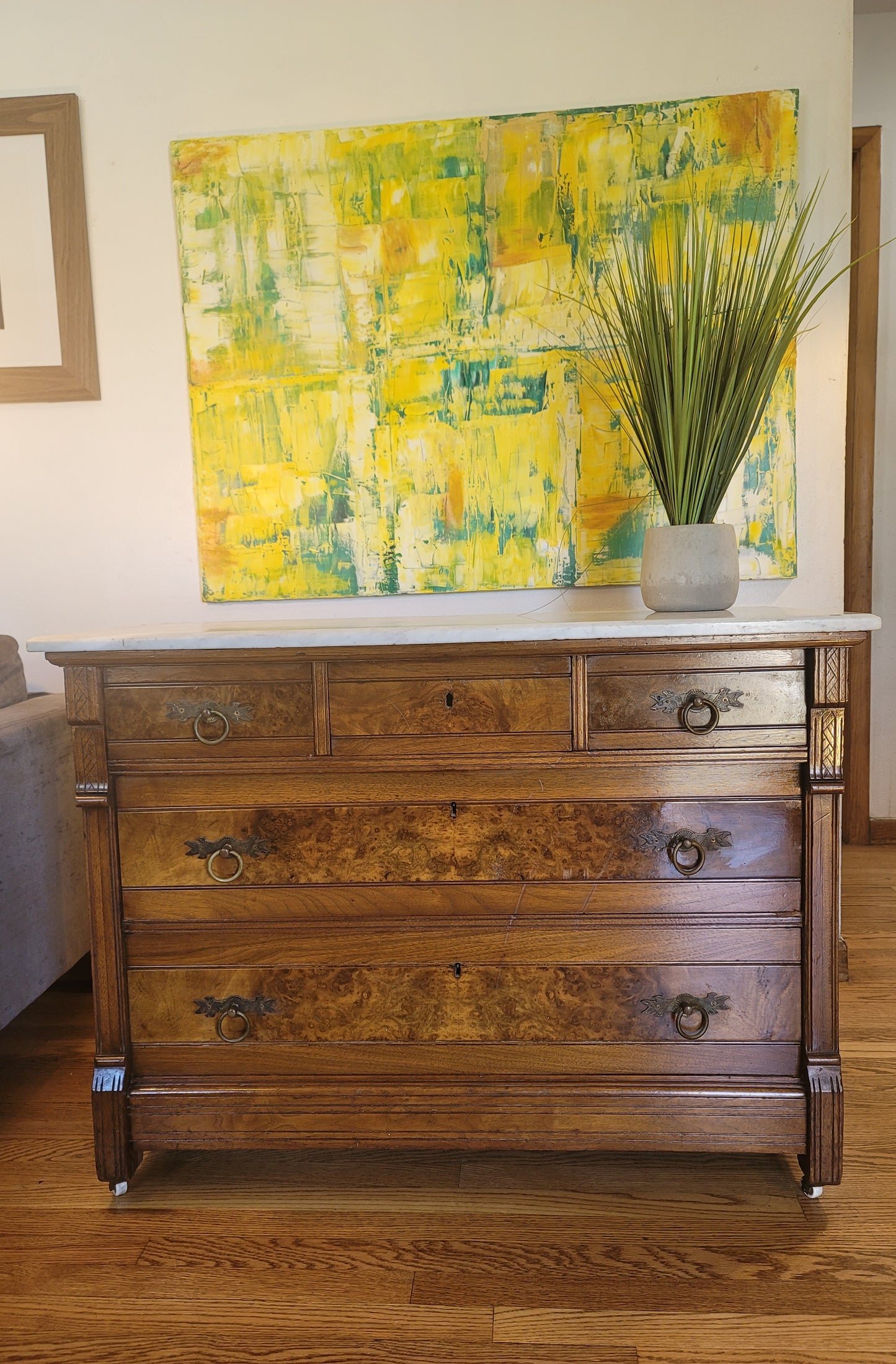 Antique Italian Marble Top Burled Wood Sideboard Commode