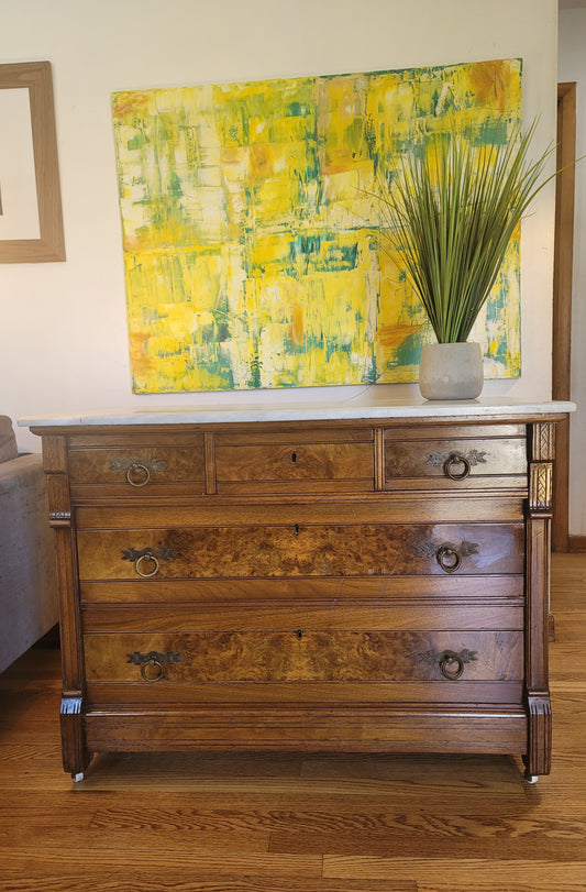 Antique Italian Marble Top Burled Wood Sideboard Commode